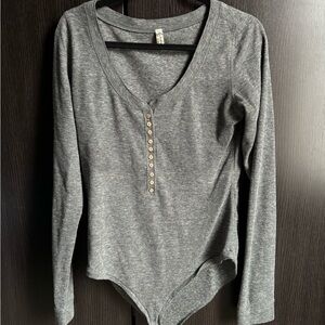 Free People Women's Grey Long Sleeve Henley Top